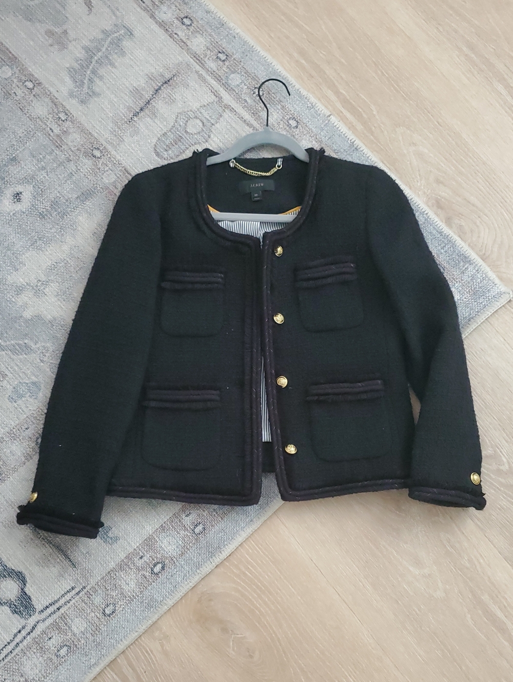J. Crew Black Tweed lady jacket gold-toned buttons Wool Blend Sz00